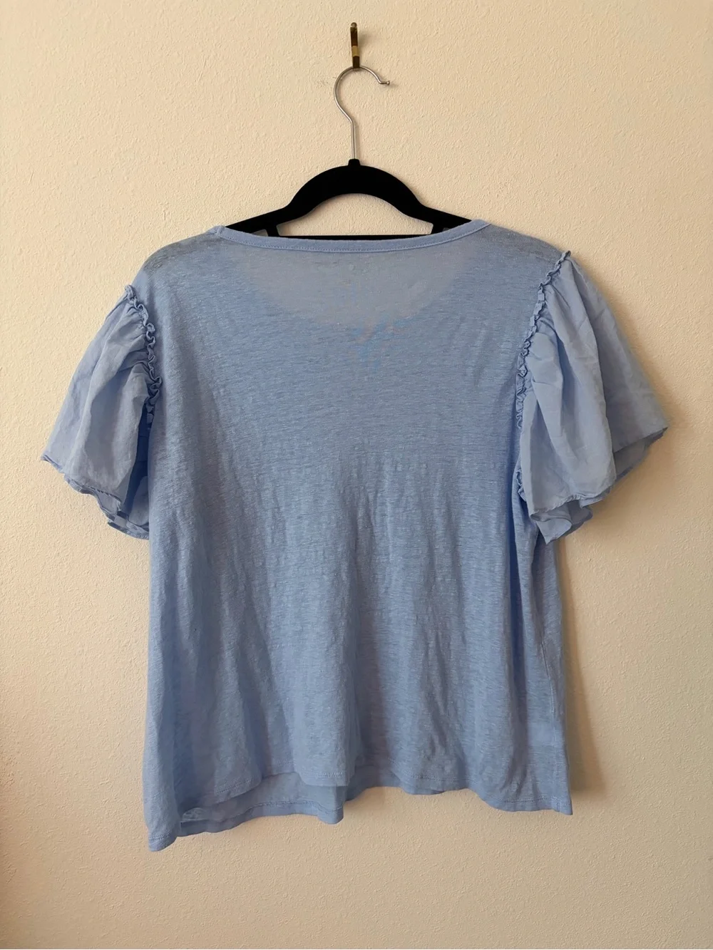 LOFT Linen Blue Ruffle Puff Sleeve Top Size Medium Petite Casual Summer Blouse